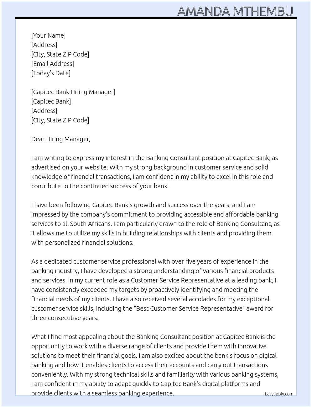 Banking Consultant  At Capitec Bank  Cover Letter