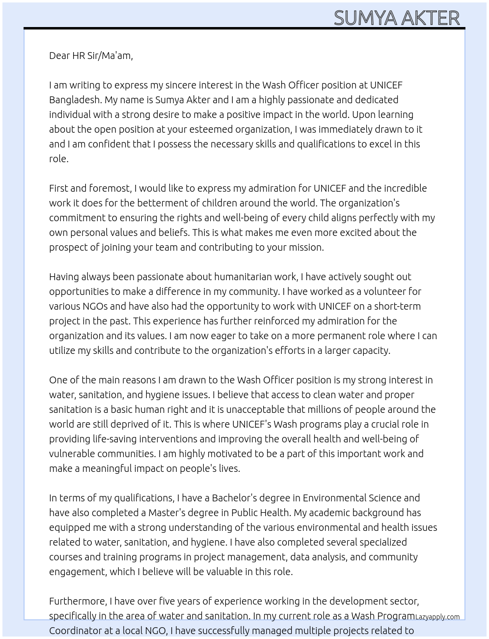 Wash Officer At UNICEF Bangladesh Cover Letter