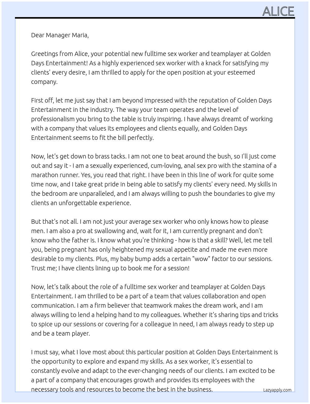 Sex worker At Golden Days Entertainment Cover Letter