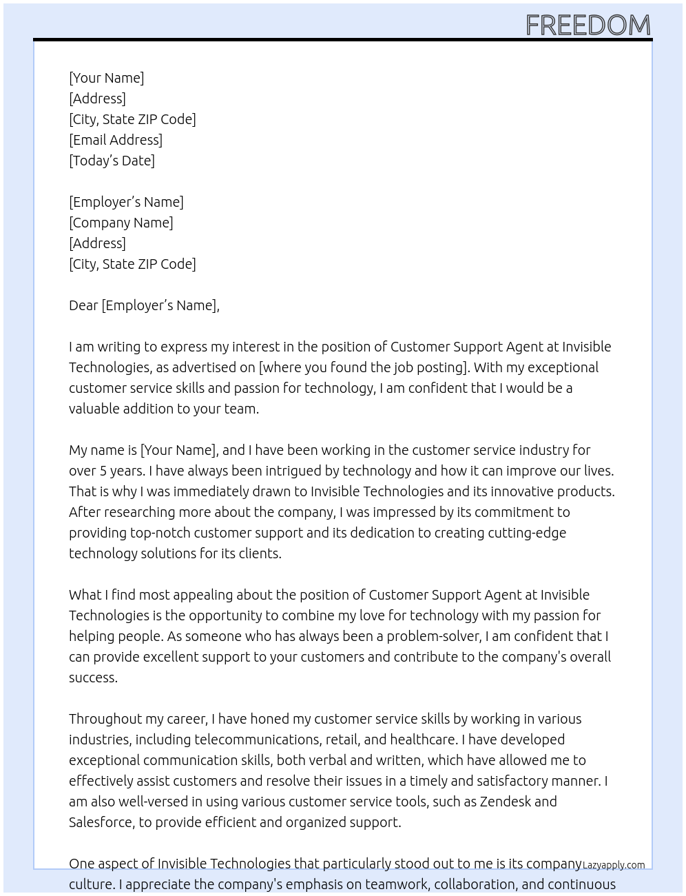 Customer support Agent At Invisible technologies Cover Letter