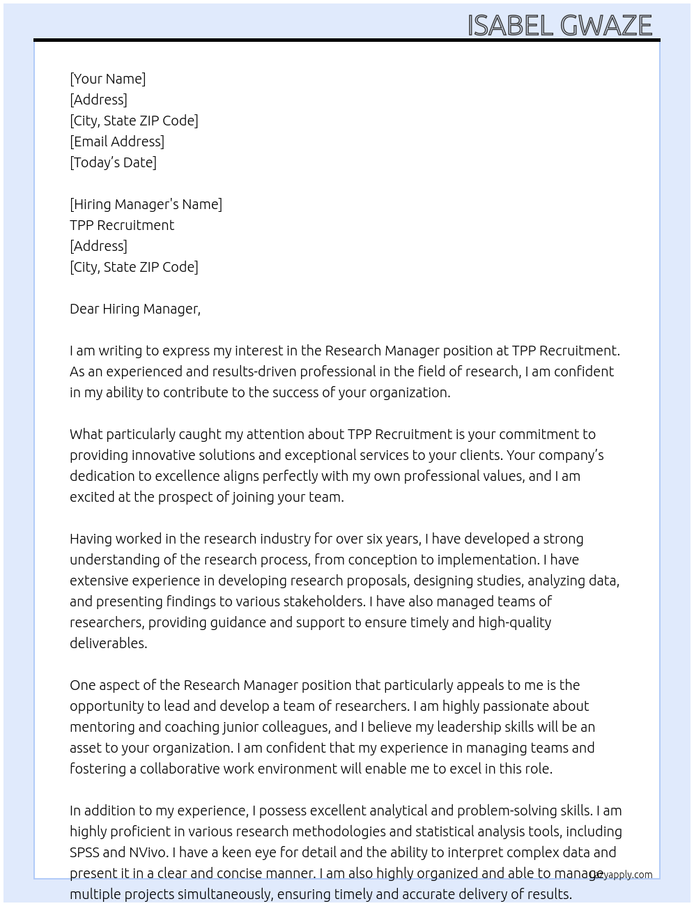 Research Manager At TPP Recruitment  Cover Letter