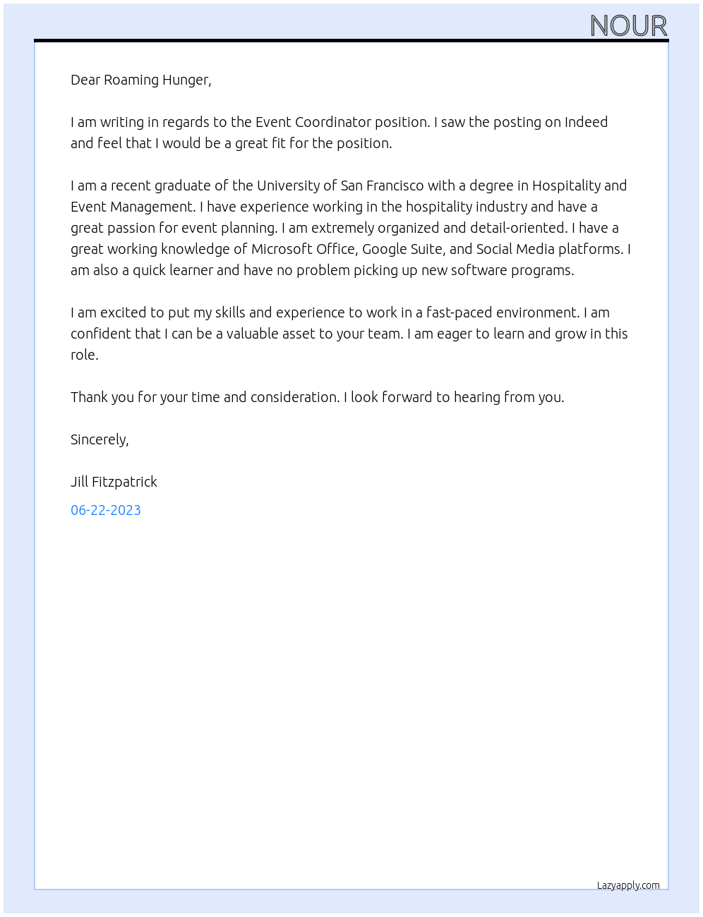 event coordinator  At Roaming Hunger  Cover Letter