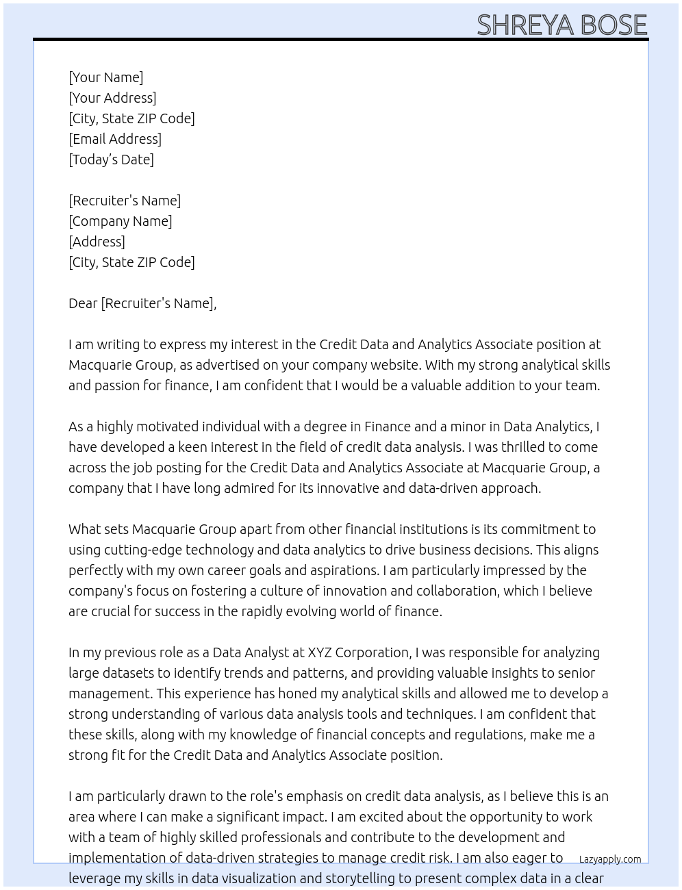 Credit Data and Analytics Associate At Macquarie Group Cover Letter