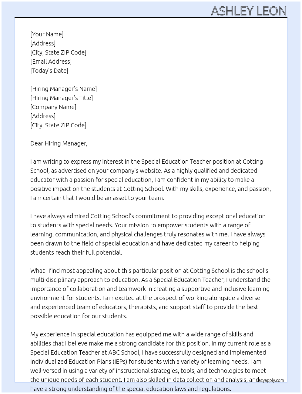 Special Education Teacher At Cotting School Cover Letter