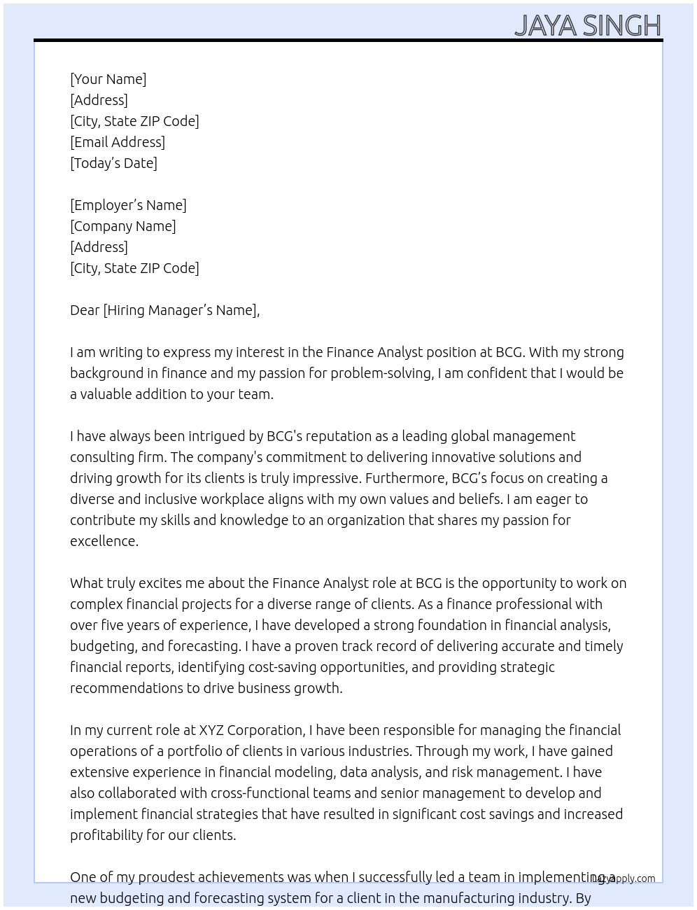 Finance Analyst At BCG Cover Letter