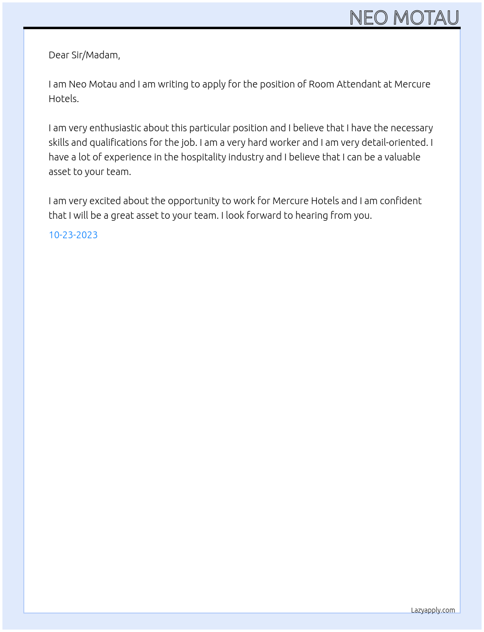 Room Attendant At Mercure Hotels Cover Letter