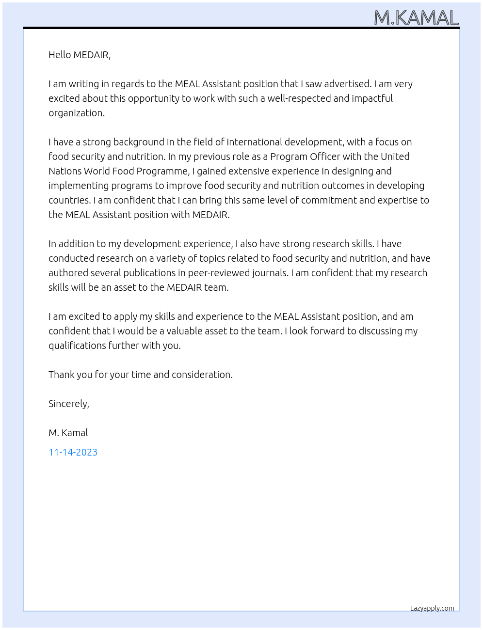 MEAL Assistant At MEDAIR Cover Letter