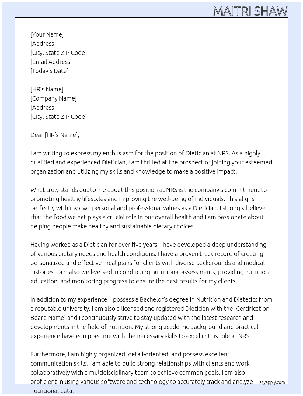 Dietician At NRS Cover Letter