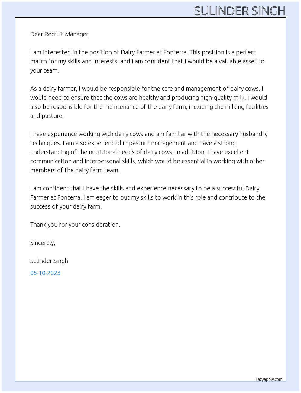 DAIRY FARMER At FONTERRA Cover Letter