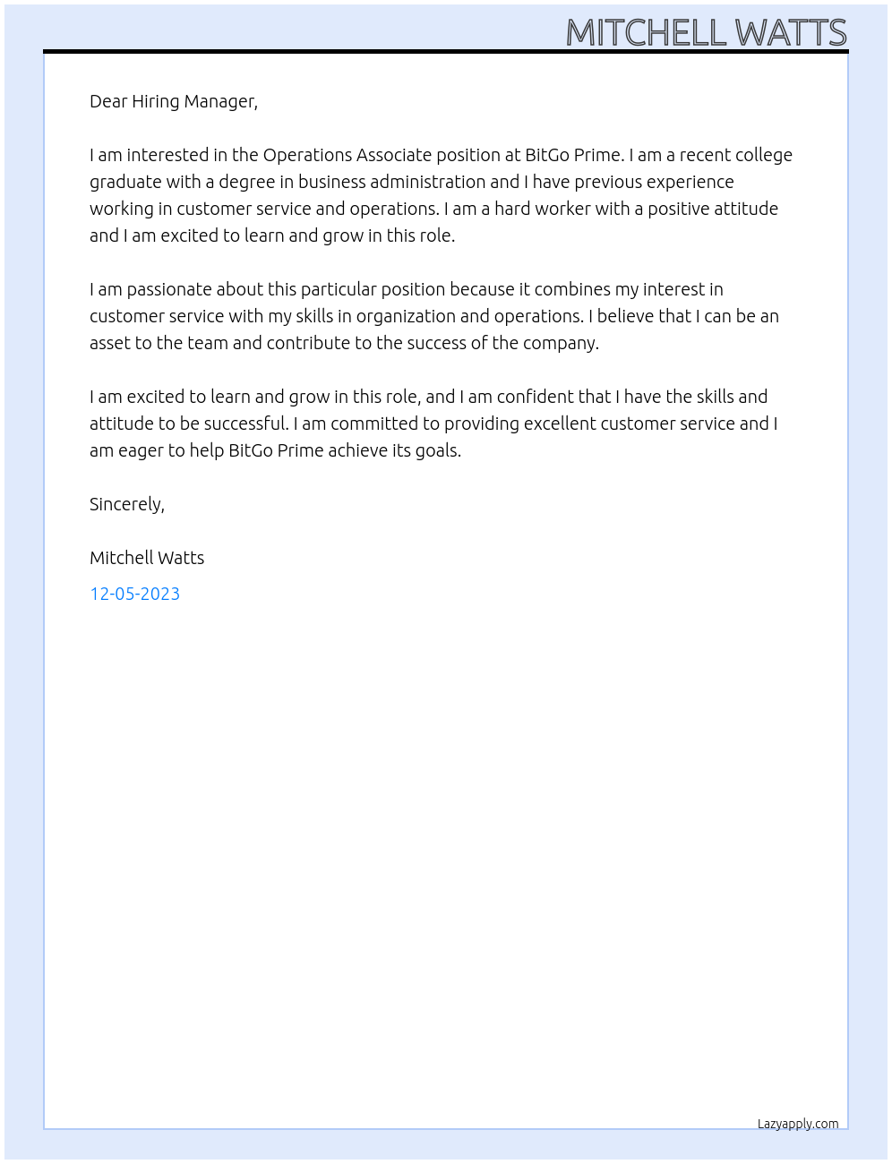 Operations Associate At BitGo Prime Cover Letter
