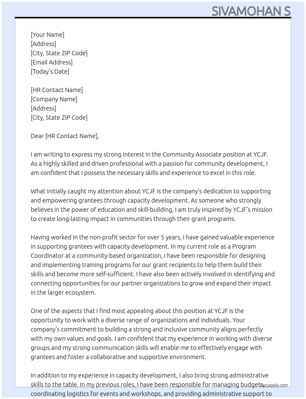 Community Associate At YCJF Cover Letter