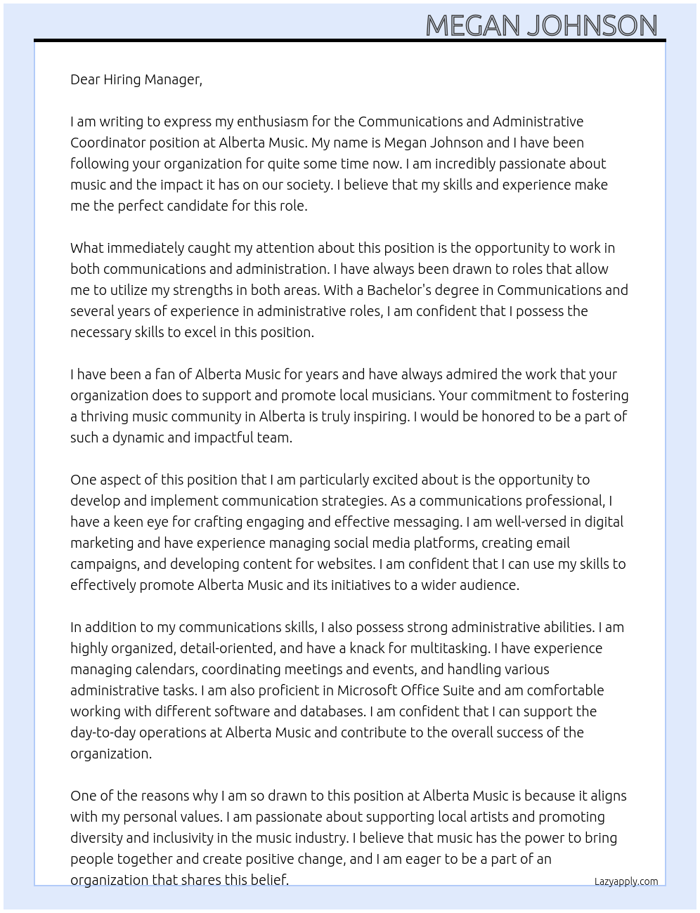 Cover letter for communications and administrative coordinator - LazyApply