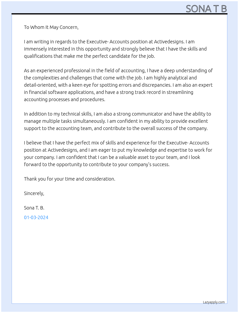 Cover letter for executive - accounts - LazyApply