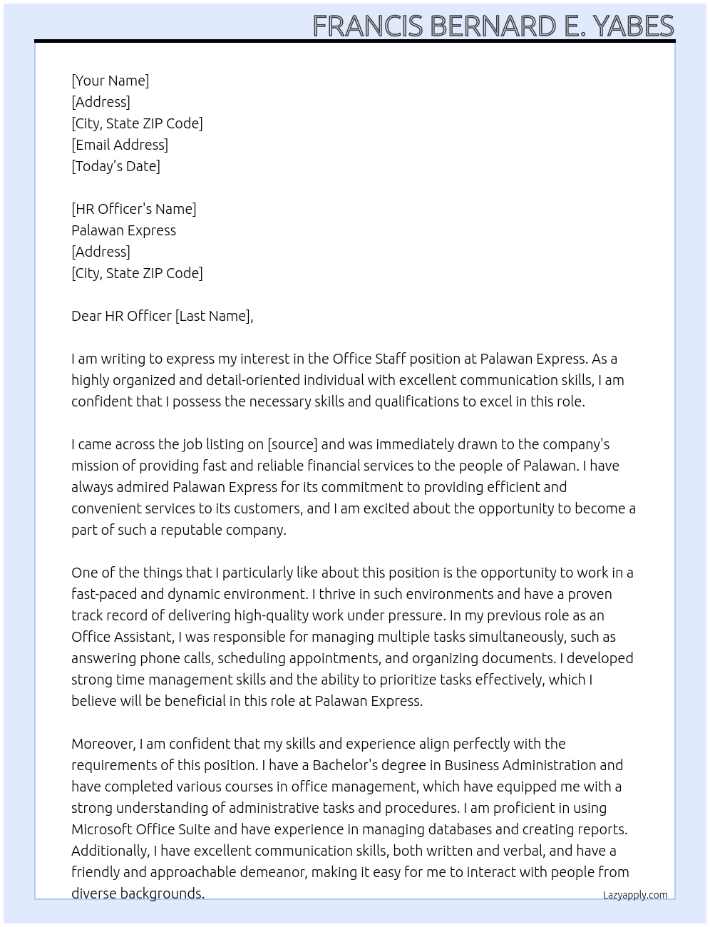 Office Staff At Palawan Express Cover Letter