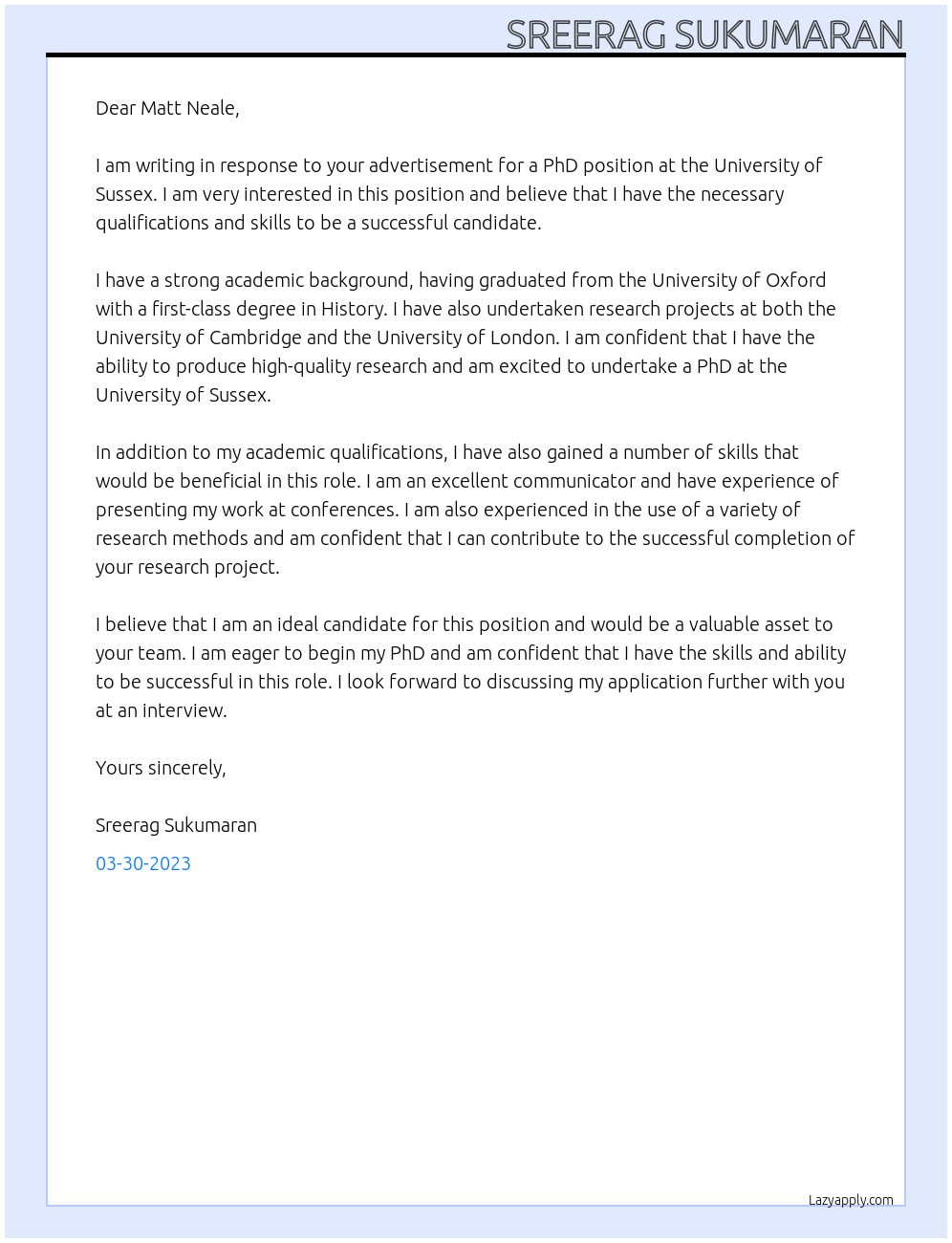 Phd At University of sussex Cover Letter