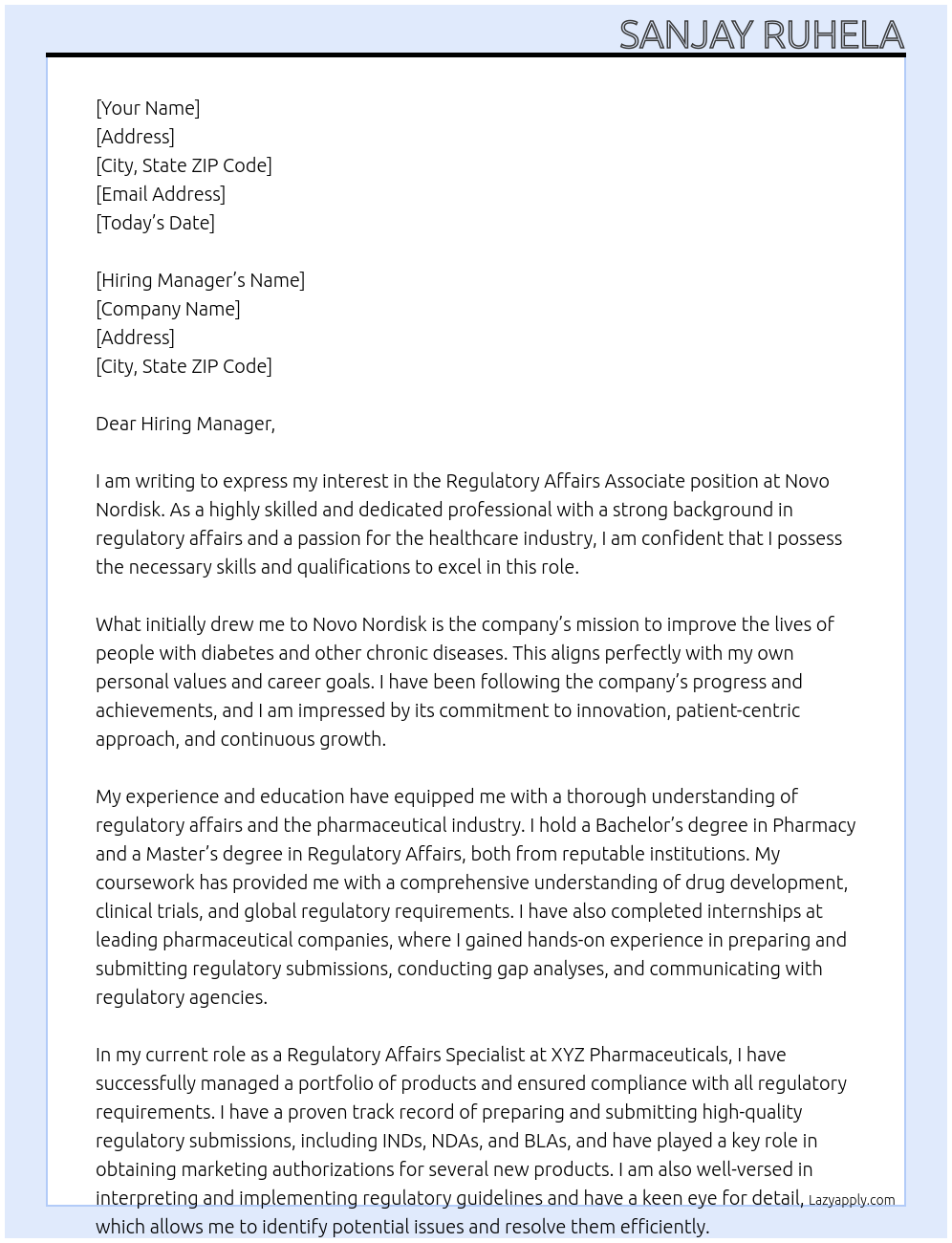 Regulatory Affairs Associate At Novo Nordisk Cover Letter
