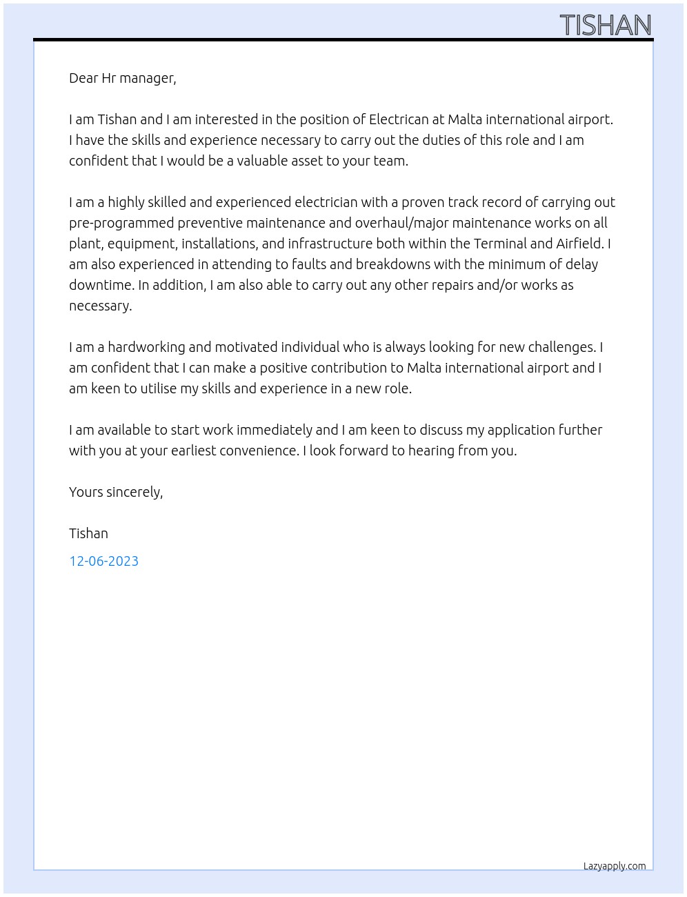 Electrican At Malta international airport Cover Letter