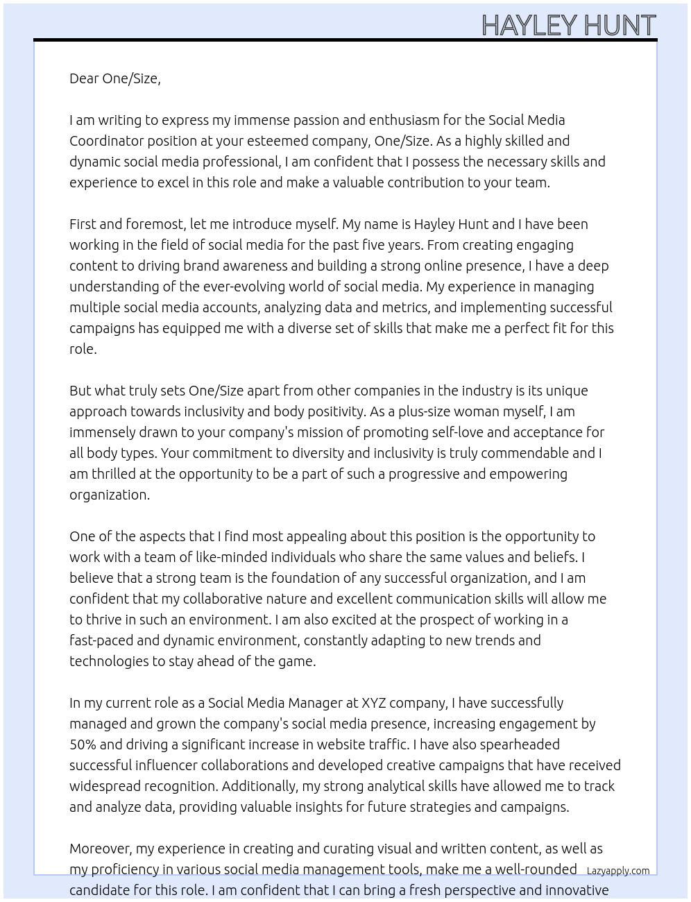 Social Media Coordinator At One/Size Cover Letter