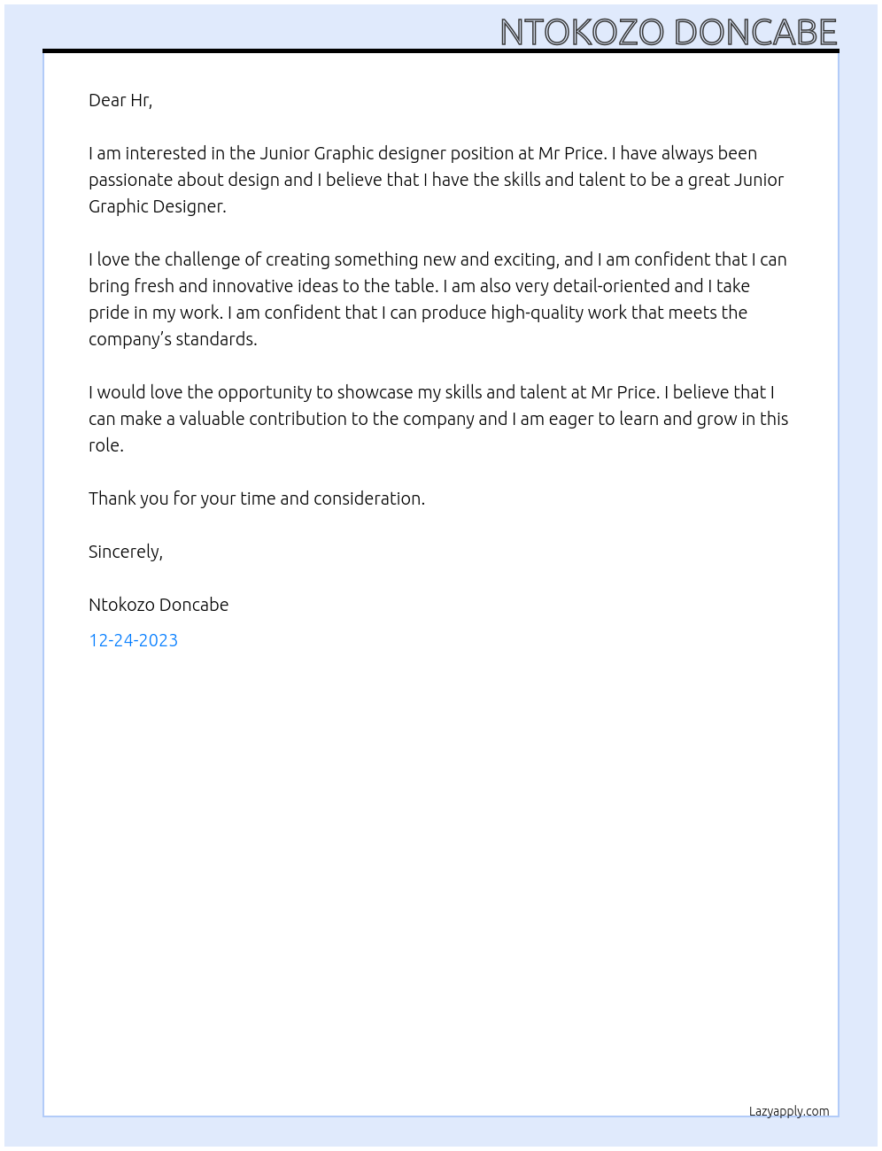 Junior Graphic designer At Mr Price Cover Letter