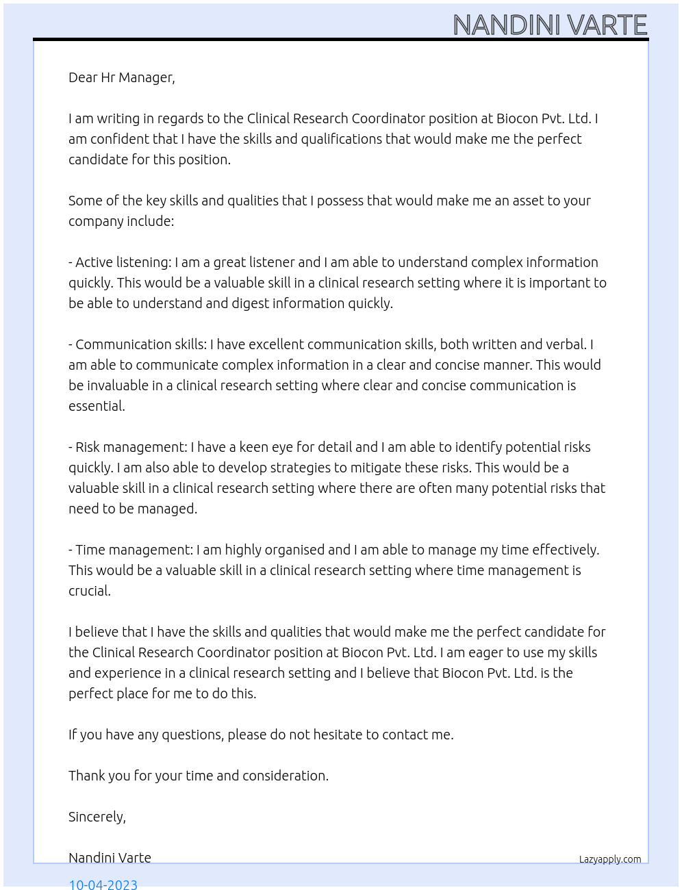 Clinical Research Coordinator At Biocon Pvt. Ltd. Cover Letter