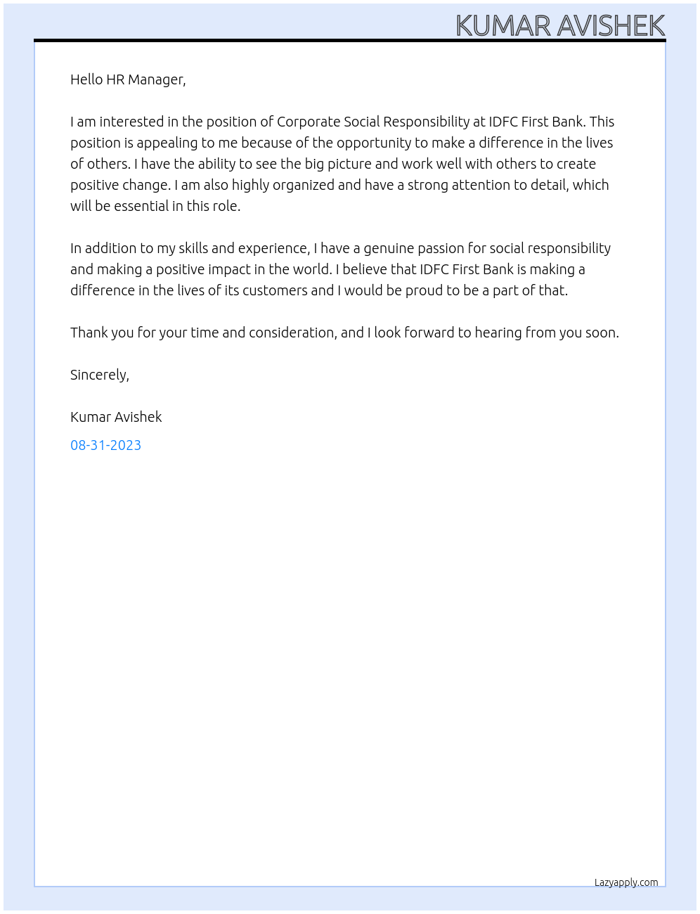 Corporate Social Responsibility At IDFC First Bank Cover Letter