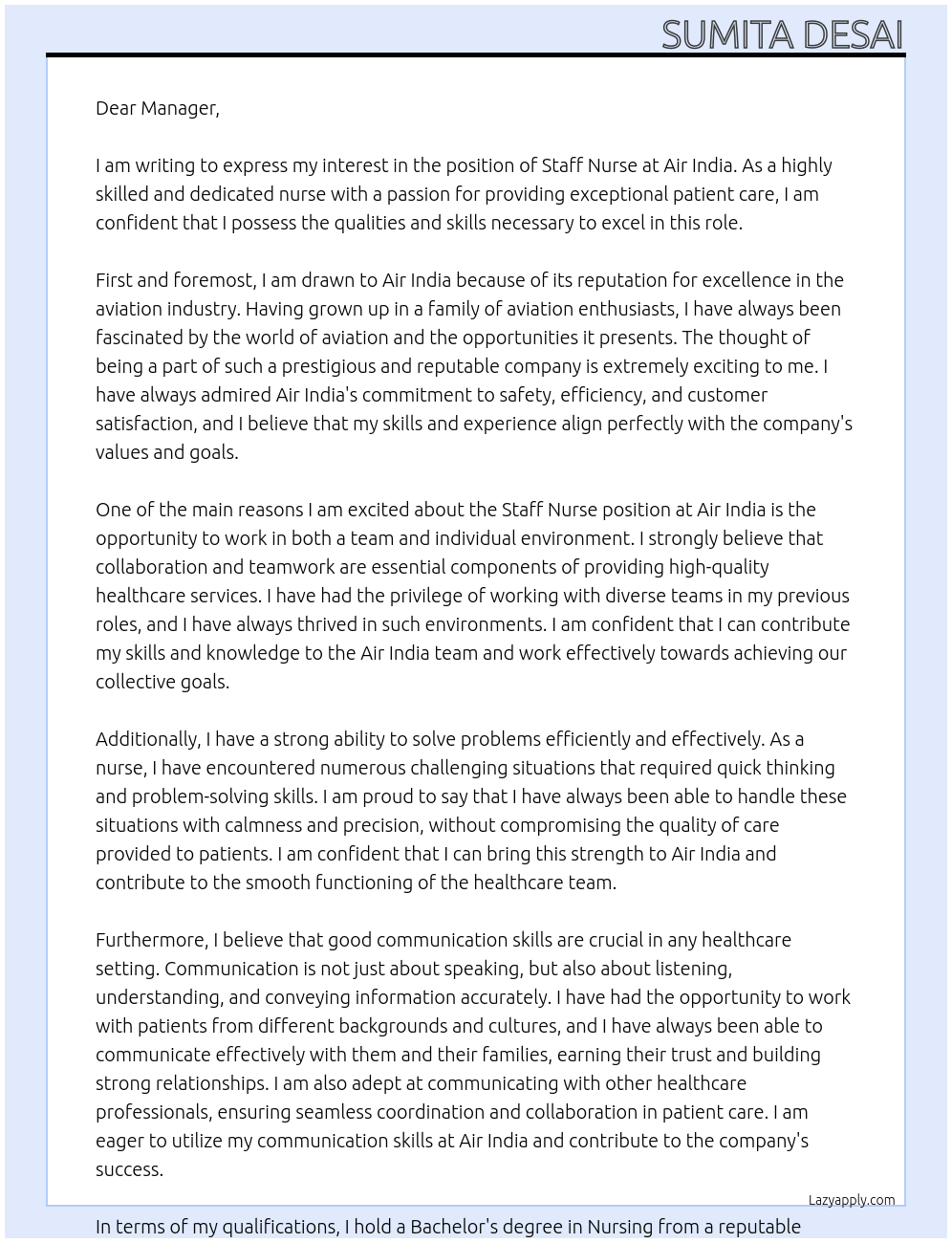 Staff Nurse At Air India Cover Letter