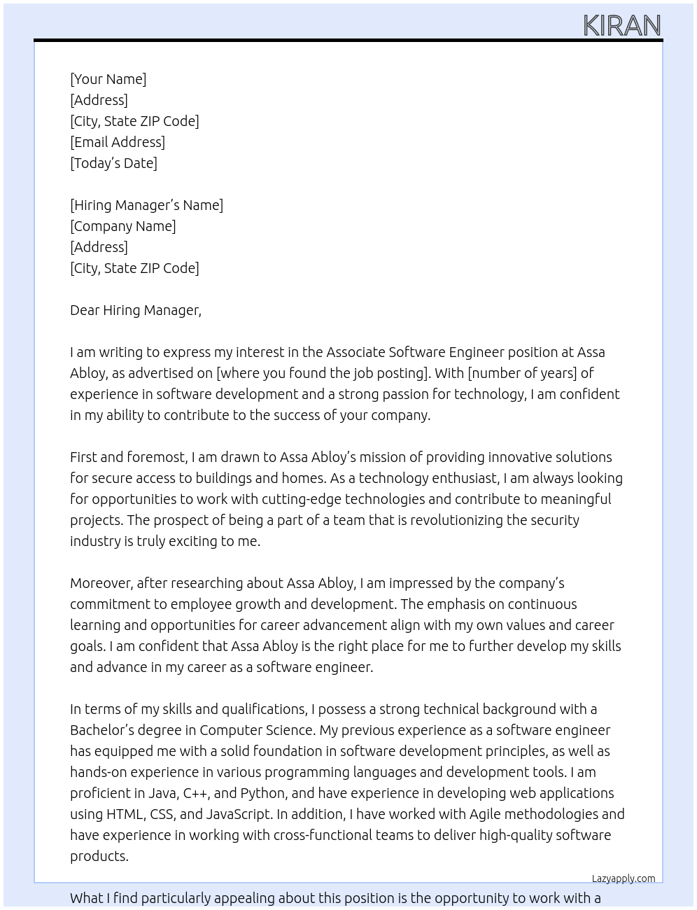 Associate Software Engineer At Assa Abloy Cover Letter