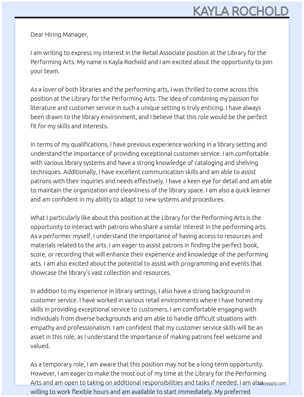 Retail Associate At Library for the Performing Arts Cover Letter