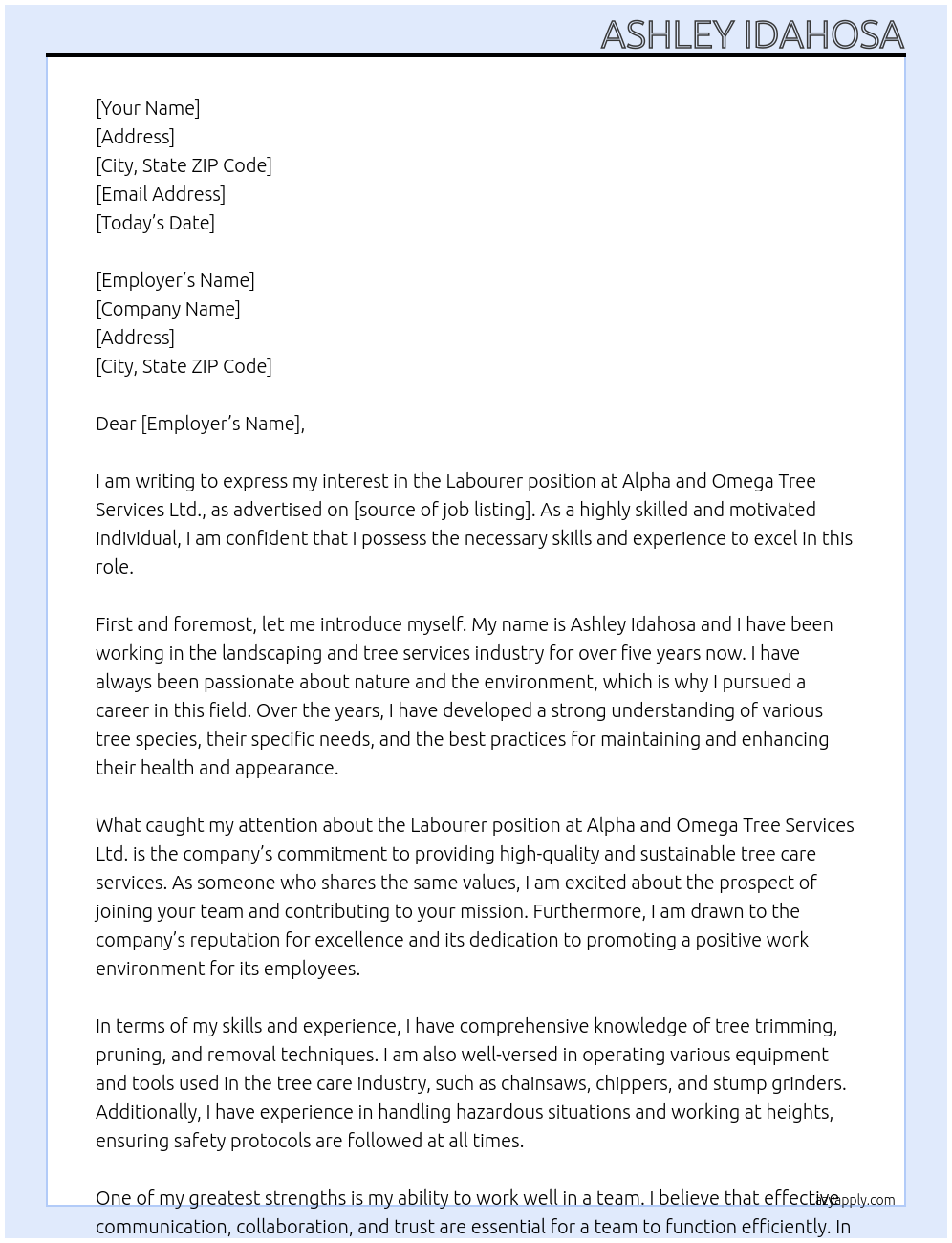 Labourer At Alpha and Omega Tree Services Ltd. Cover Letter