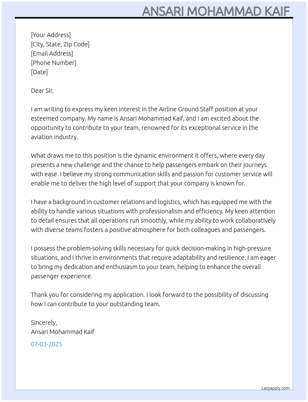 Airline Ground staf At No Cover Letter