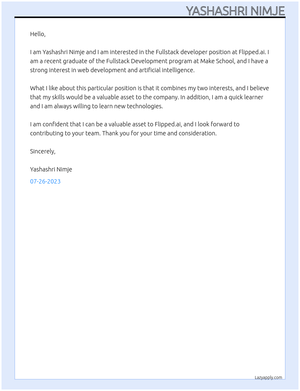 Fullstack developer At Flipped.ai Cover Letter