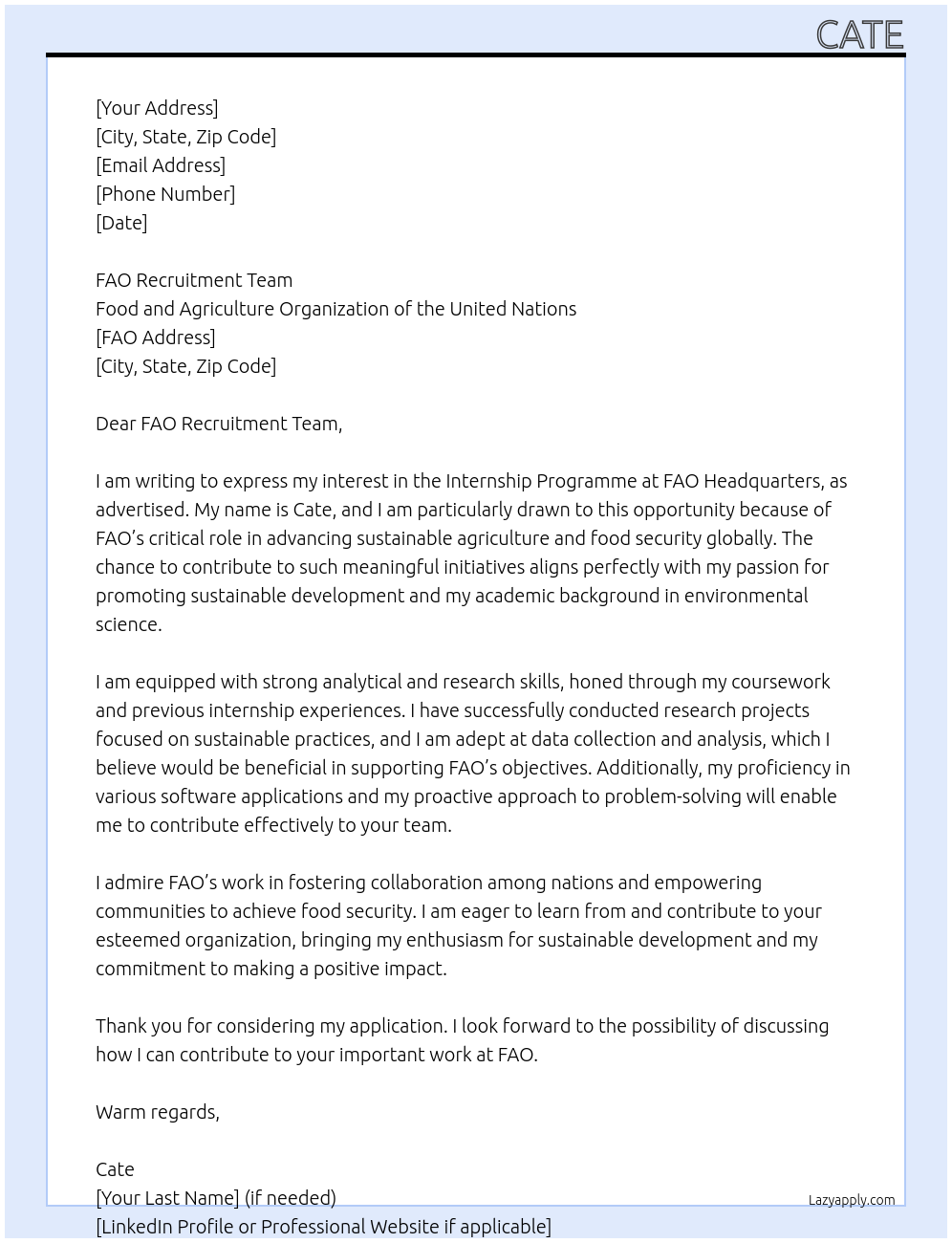 Call for Expression of Interest – Internship Programme for FAO headquarters (HQ) At FAO Cover Letter