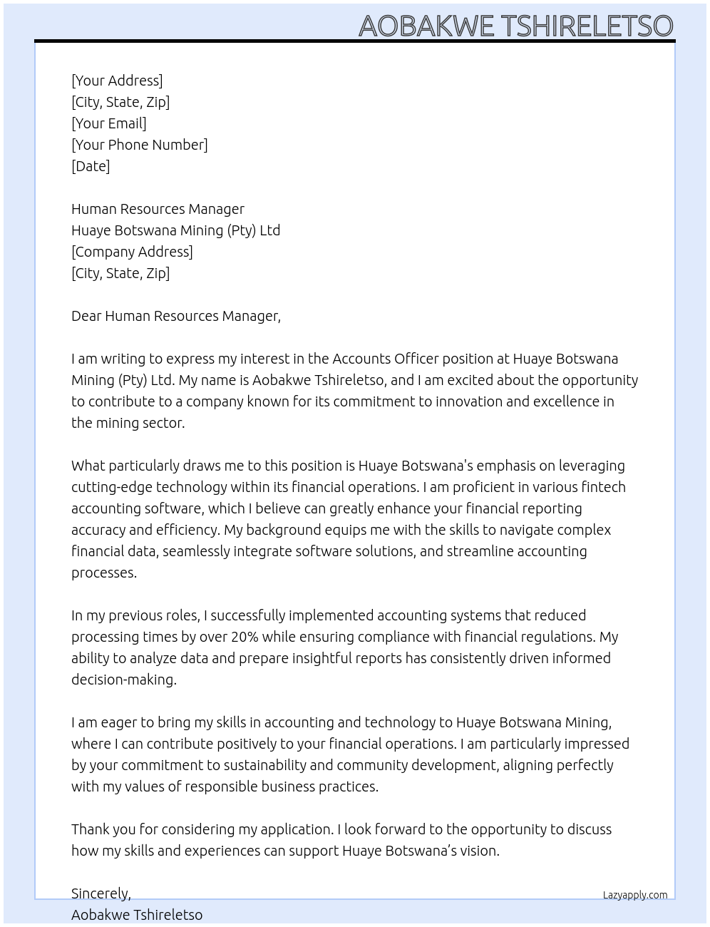Accounts Officer At Huaye Botswana Mining (Pty) Ltd Cover Letter