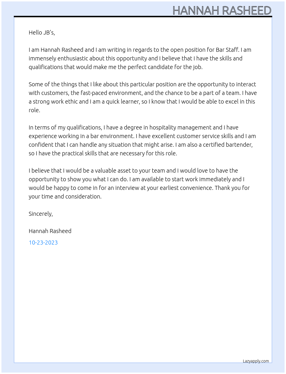 Bar Staff At JB's Cover Letter