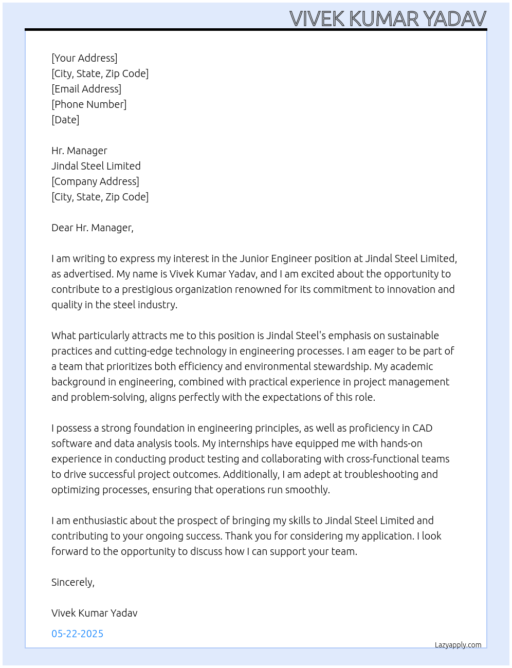 Junior engineer At Jindal Steel Limited Cover Letter