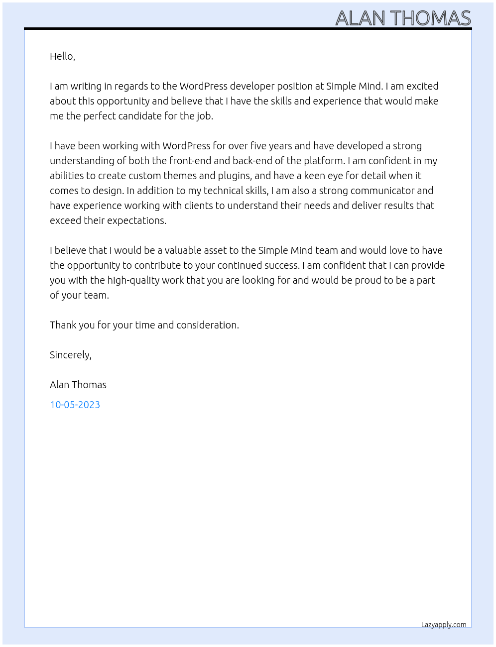 wordpress developer At simple mind Cover Letter