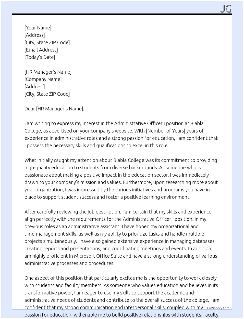 administrative officer I At blabla college Cover Letter