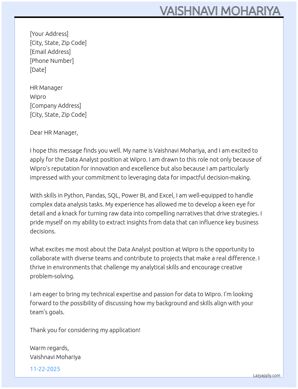 Data analyst At Wipro Cover Letter