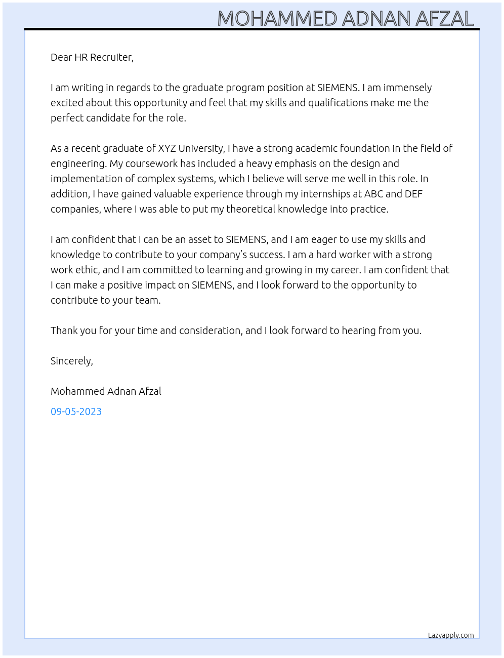 Graduate Program At SIEMENS Cover Letter