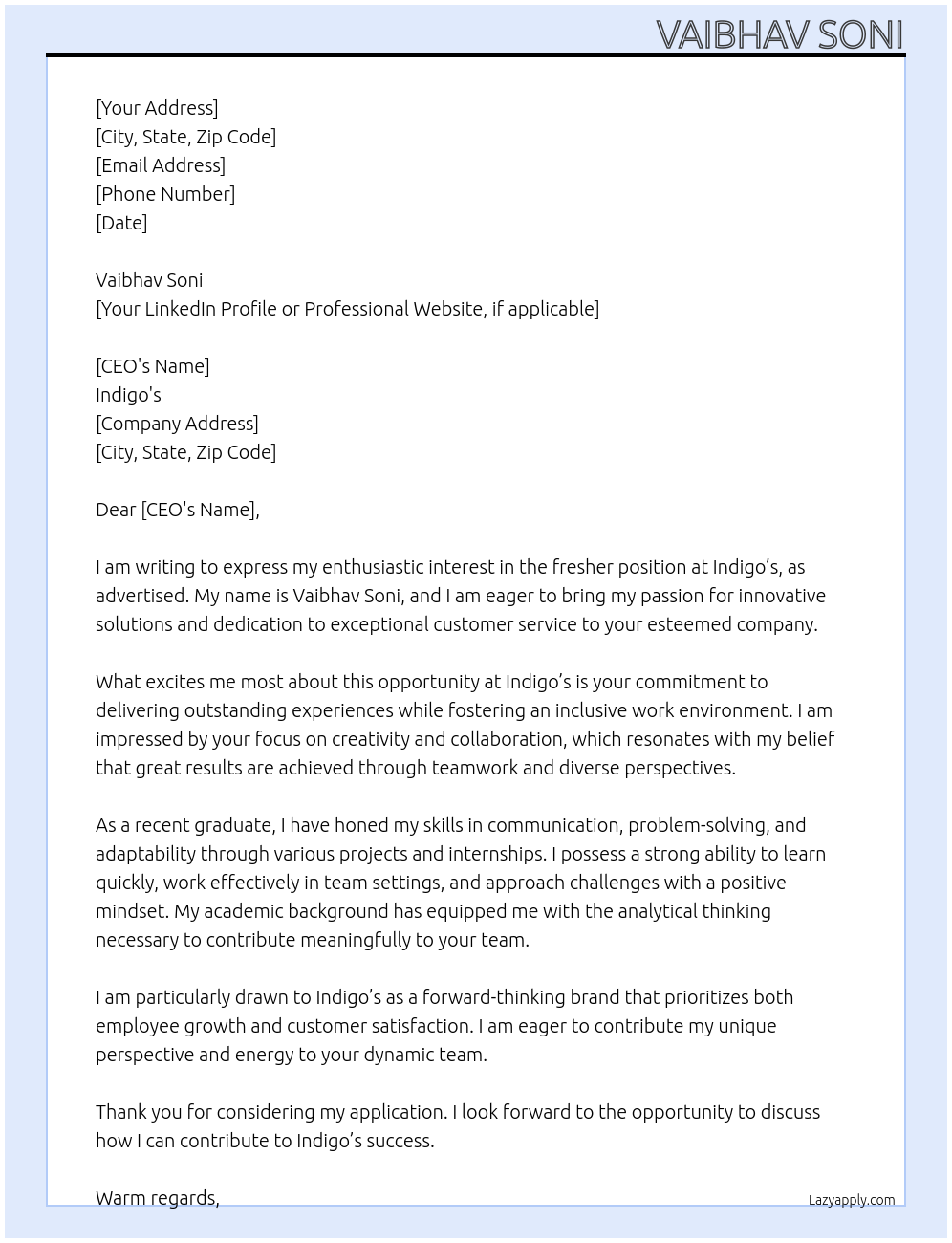 Fresher  At Indigo’s  Cover Letter