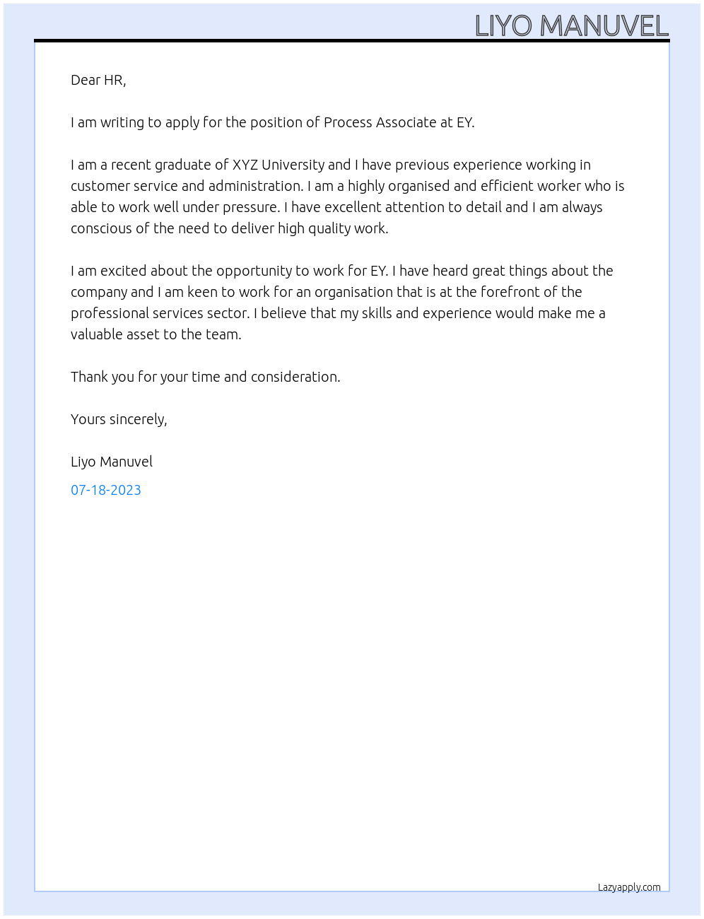 Process Associate At EY Cover Letter