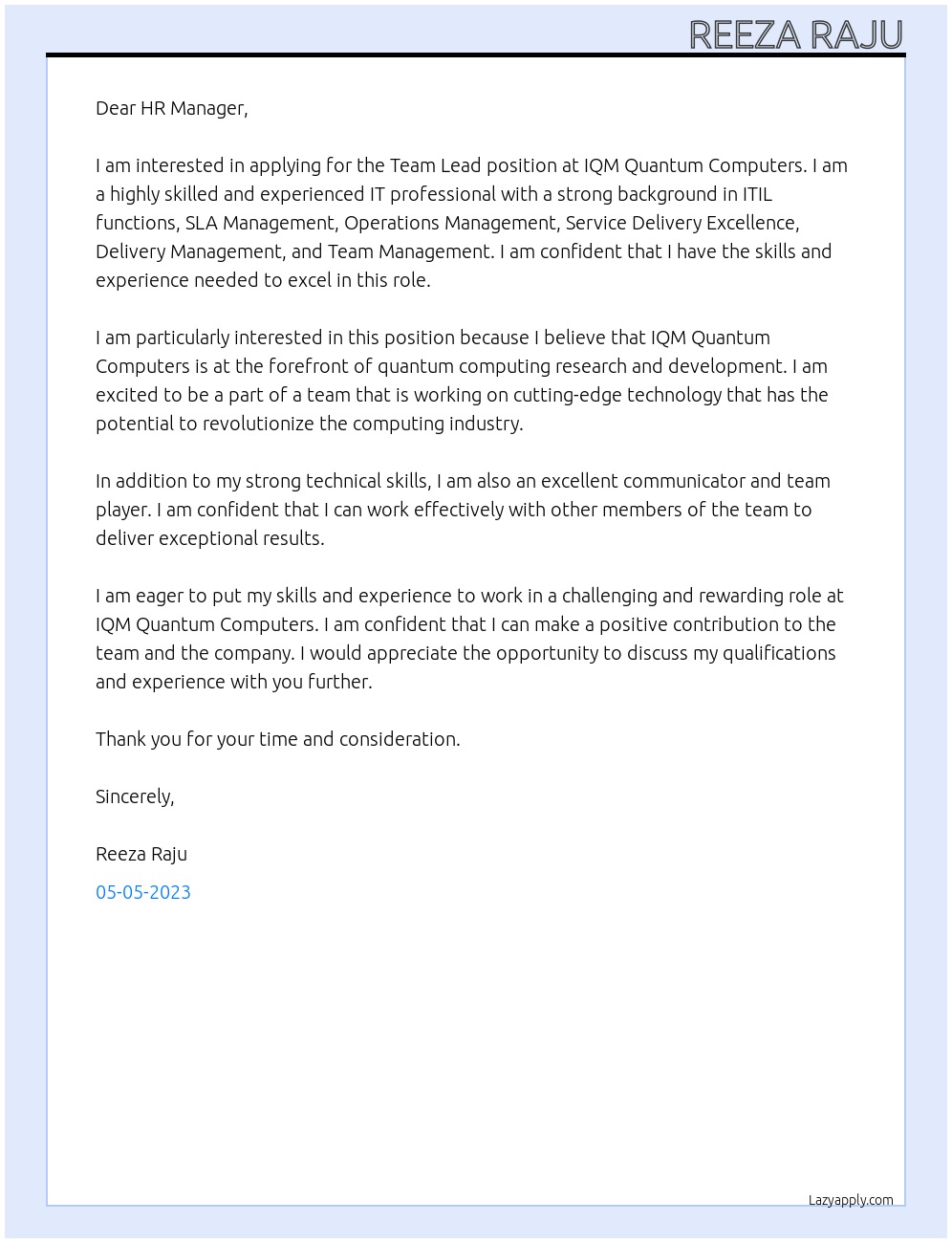 Team Lead At IQM Quantum Computers Cover Letter