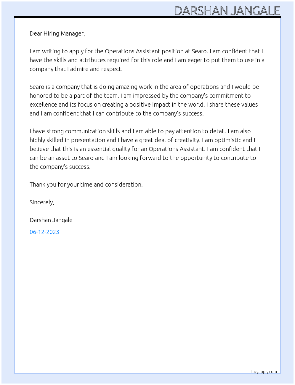 Operations Assistant At Searo Cover Letter