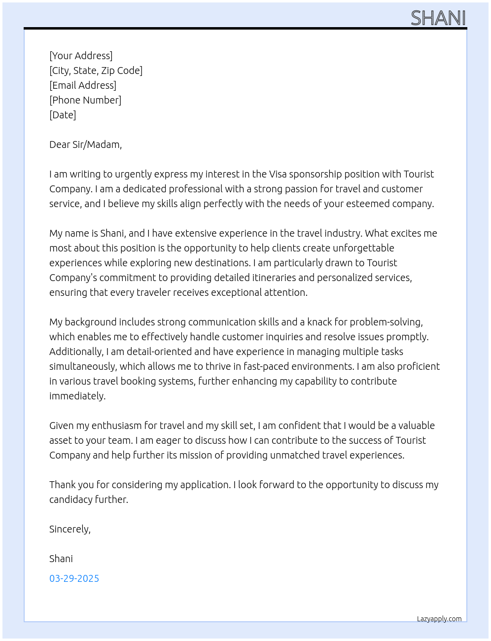 for us visa At tourist Cover Letter