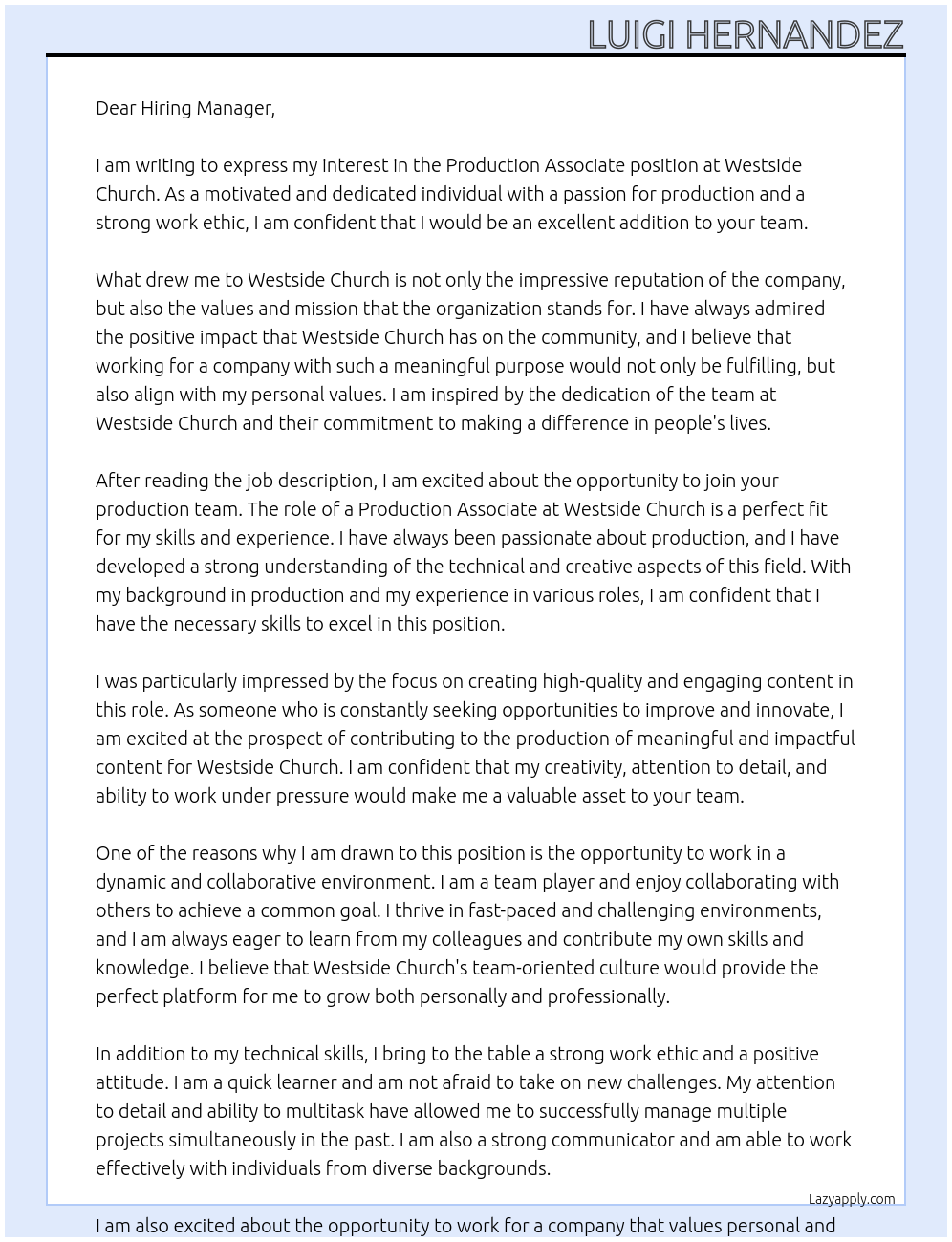 Production Associate At Westside Church Cover Letter