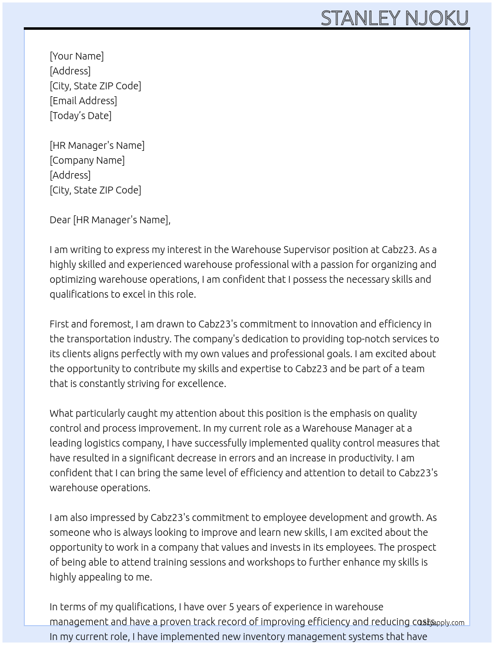 Warehouse supervisor At Cabz23 Cover Letter