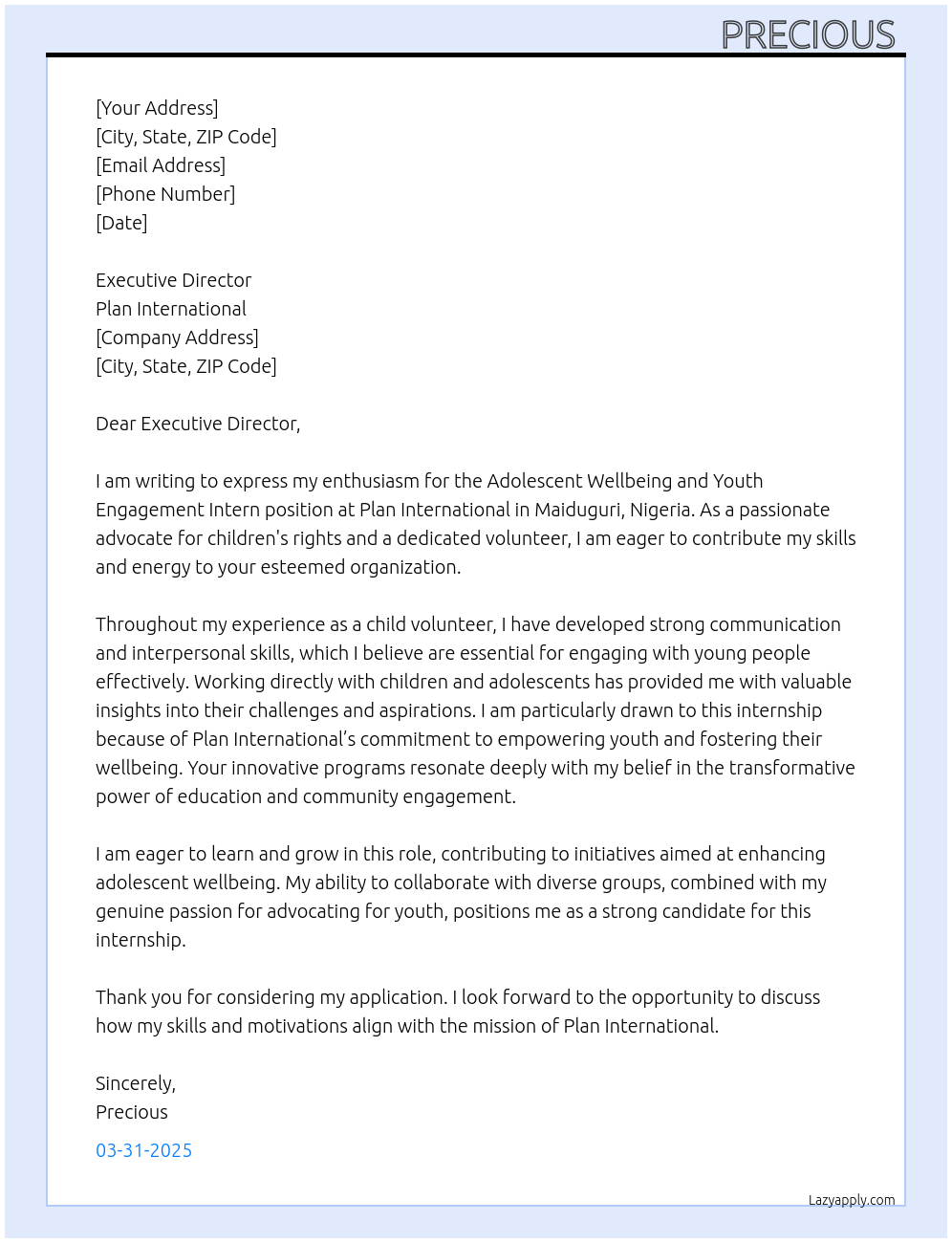 Adolescent wellbeing and youth engagement intern At Plan international  Cover Letter
