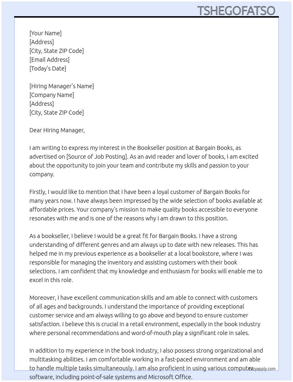 Bookseller At Bargain books Cover Letter