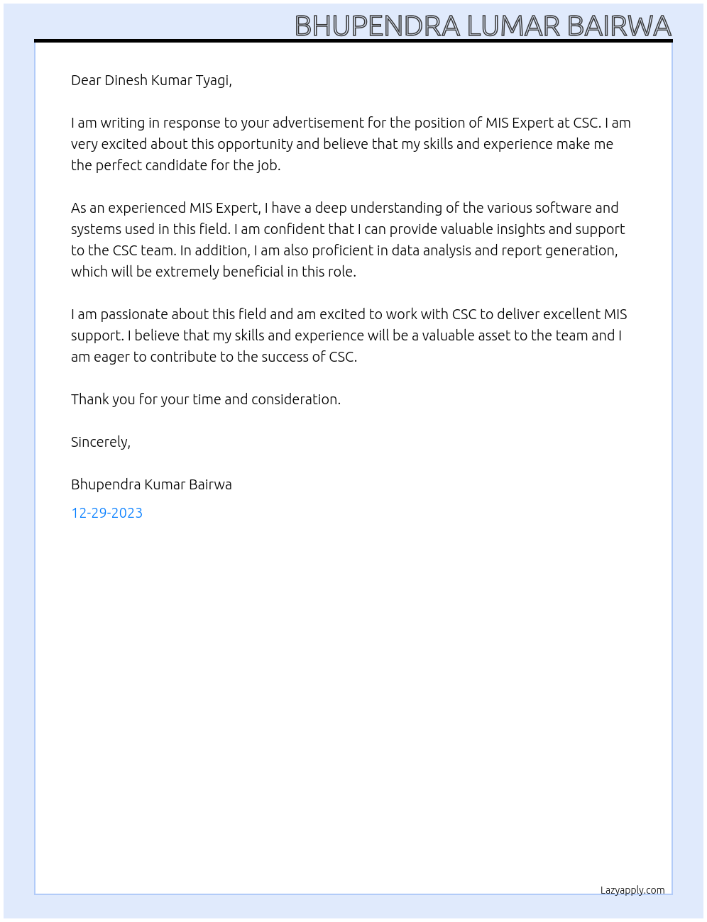 mis expert At csc Cover Letter