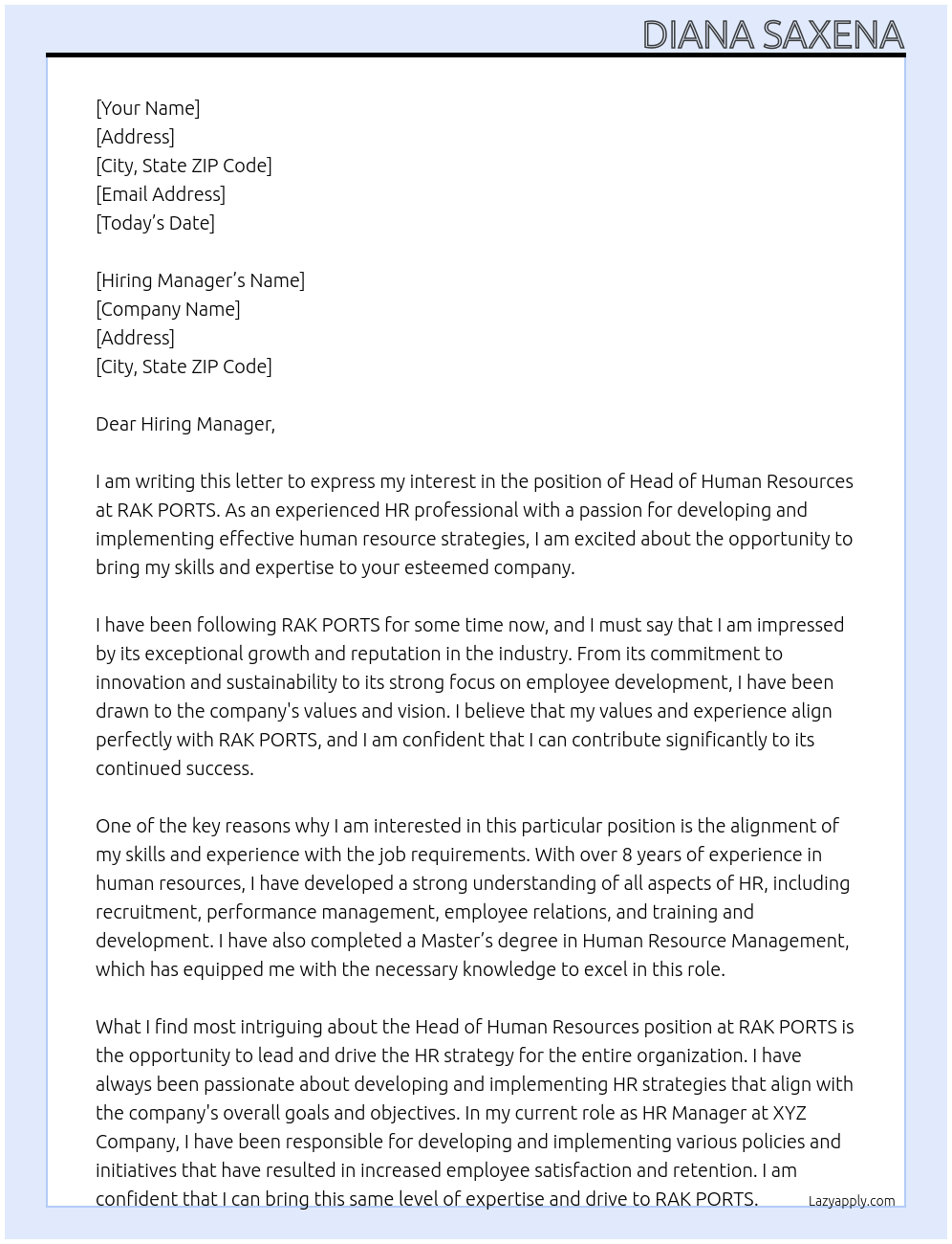 Head of Human Resources At RAK PORTS Cover Letter